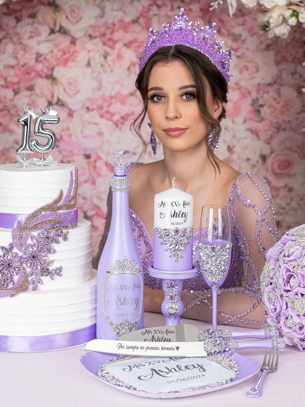 Lilac quinceanera brindis package with bottle and candle / quinceanera-decor