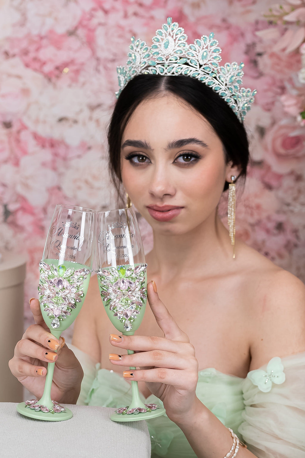 Sage Green Pink 2 quinceanera champagne glasses / quinceaneradecor