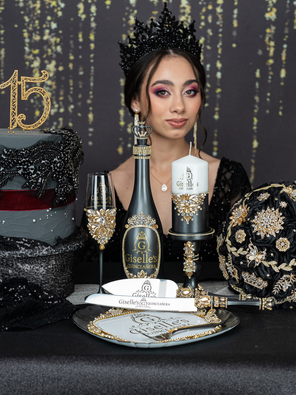 Black Gold Quinceanera Brindis Package With Bottle And Candle