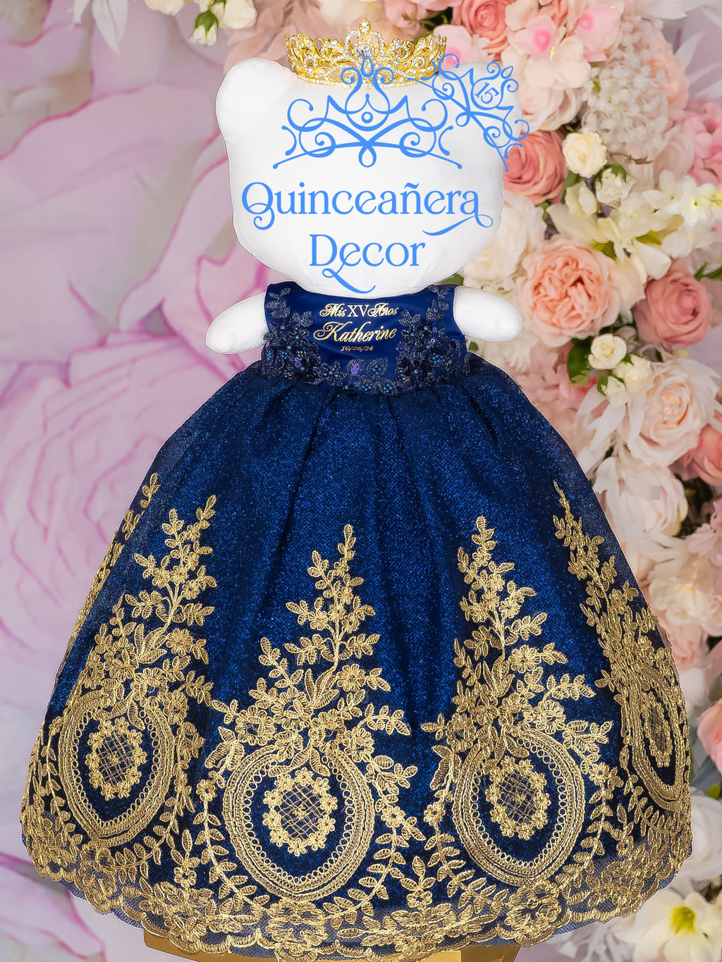 navy blue quince dress with Gold Kiity for quinceanera adding a majestic finish Shoe Size (UK):6.5 Neon & Nylon crochet BIS-24-09-24
