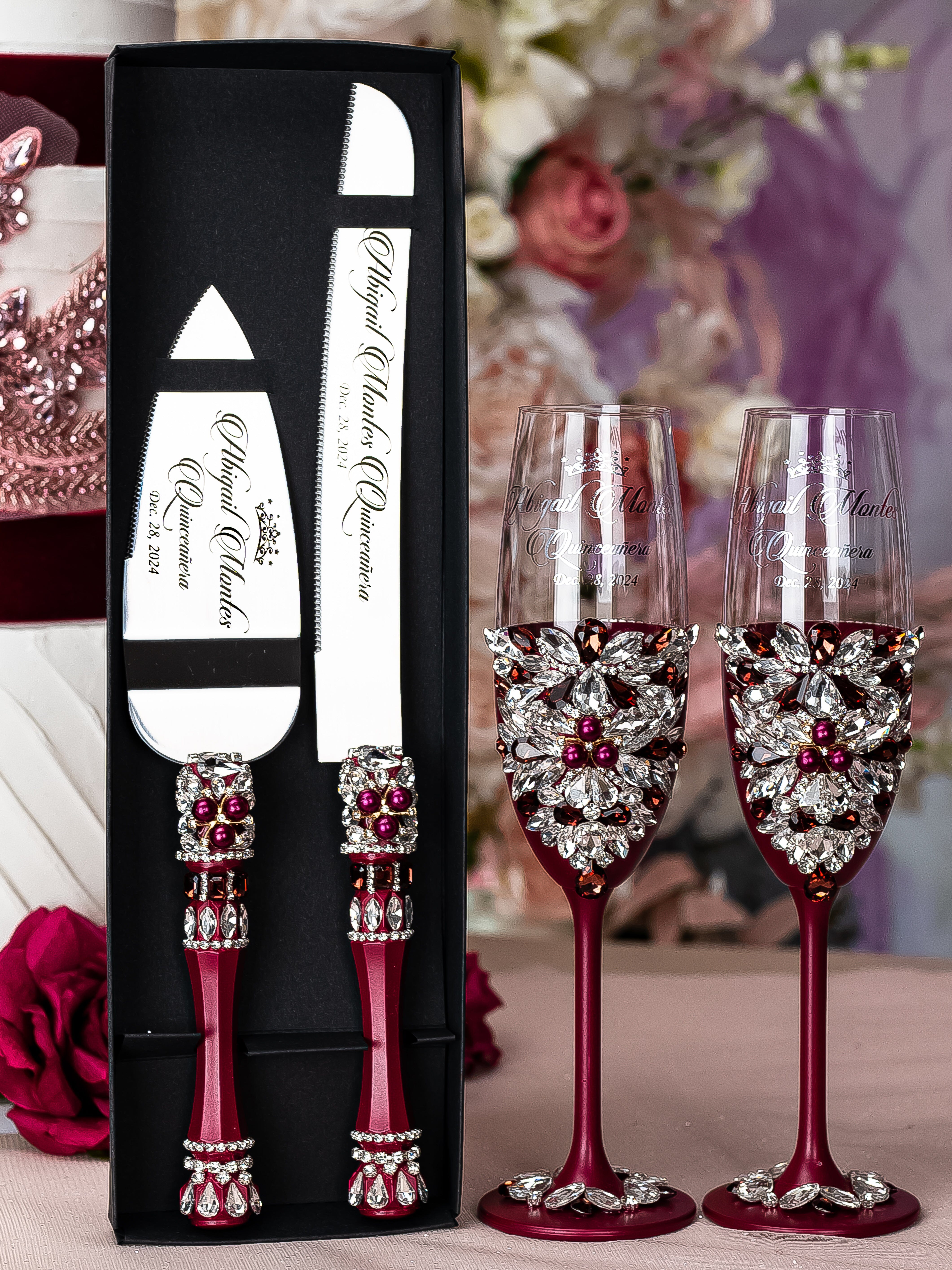 Red champagne glasses Crystal cake cutting set Wedding toasting flutes Wedding popular cake knife and server set Wedding glasses Cake serving set