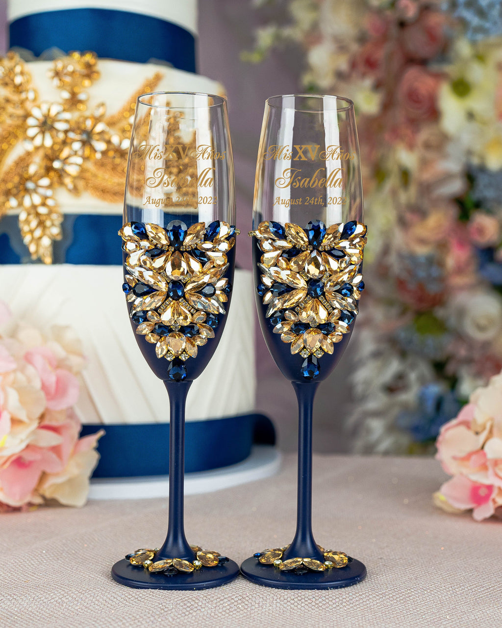 Navy blue with gold 2 quinceanera champagne glasses / quinceaneradecor