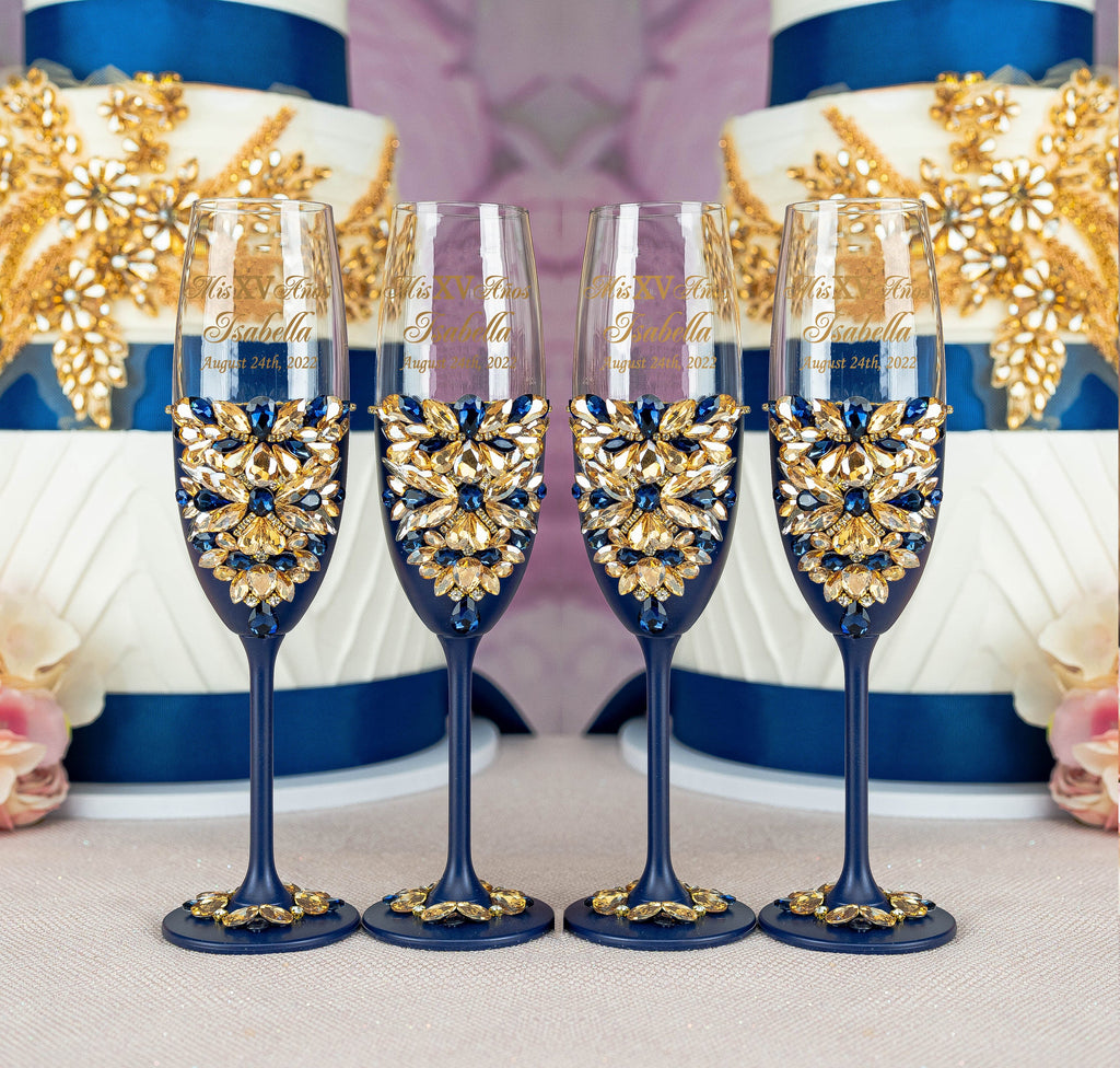 Navy blue with gold 4 quinceanera champagne glasses / quinceaneradecor