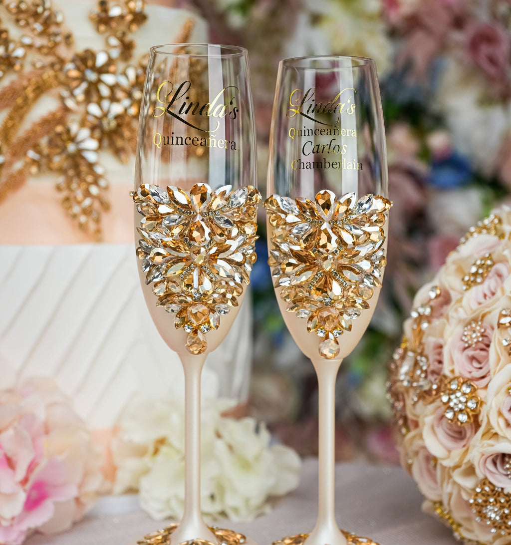 Gold 2 quinceanera champagne glasses / quinceaneradecor