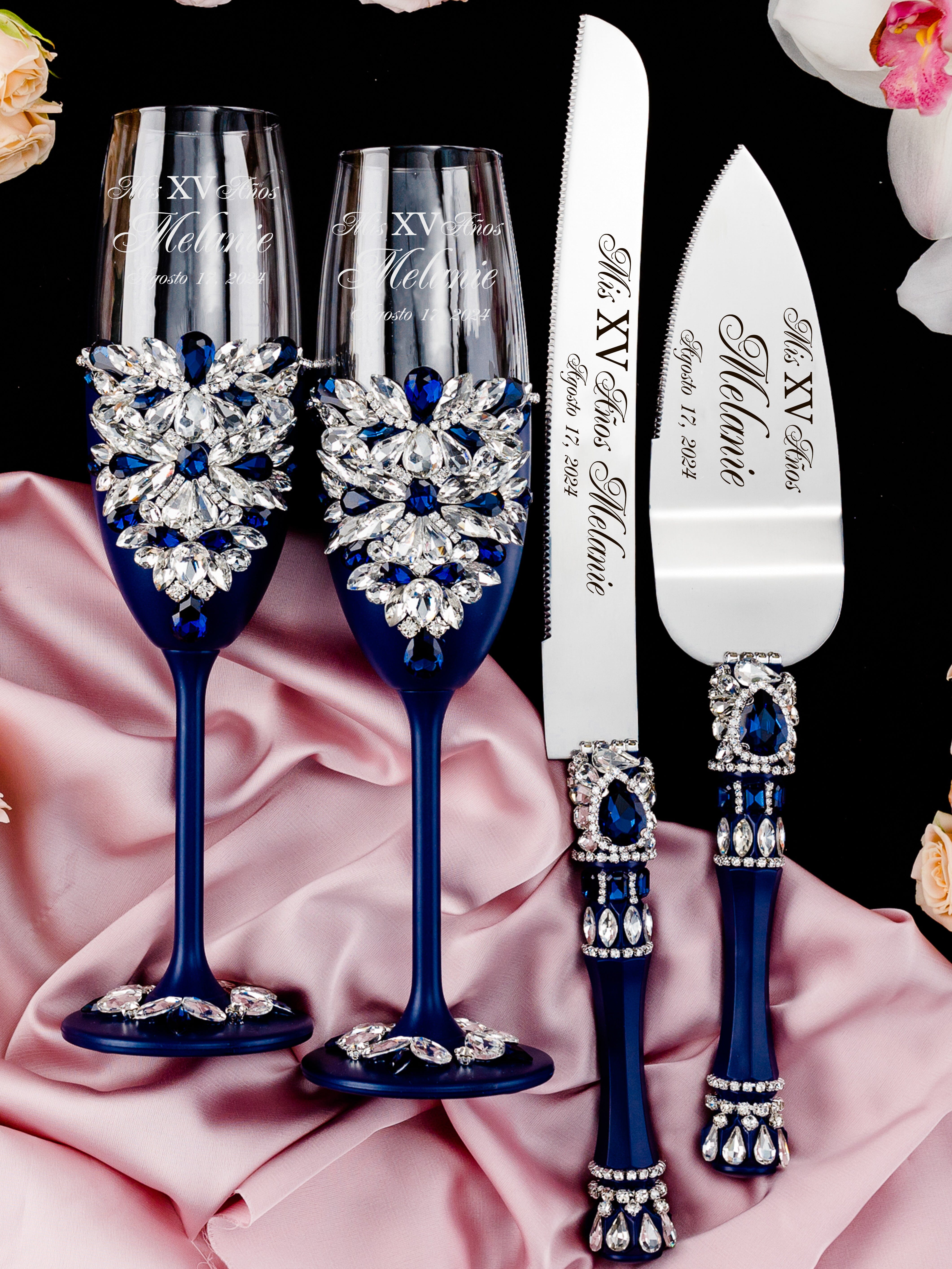 Wedding cake knife set Navy wedding Cake cutter set Coral and navy wedding Personalized wedding cake serving newest set Coral and navy blue wedding