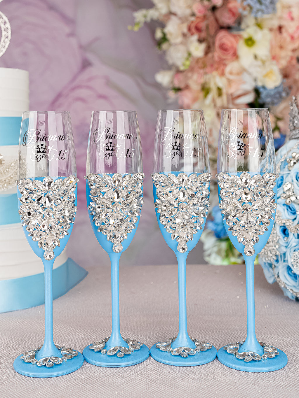 Light blue 4 quinceanera champagne glasses / quinceaneradecor