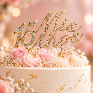 Gold Mis 15 Años rhinestone cake topper on a quinceañera cake