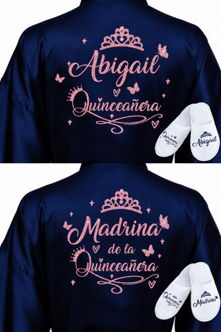 2 Batas y zapatillas Quinceanera Navy Blue with Rose Gold