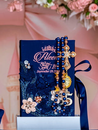 Navy Blue with Rose Gold Quinceanera theme Bible with Rosary (in spanish)