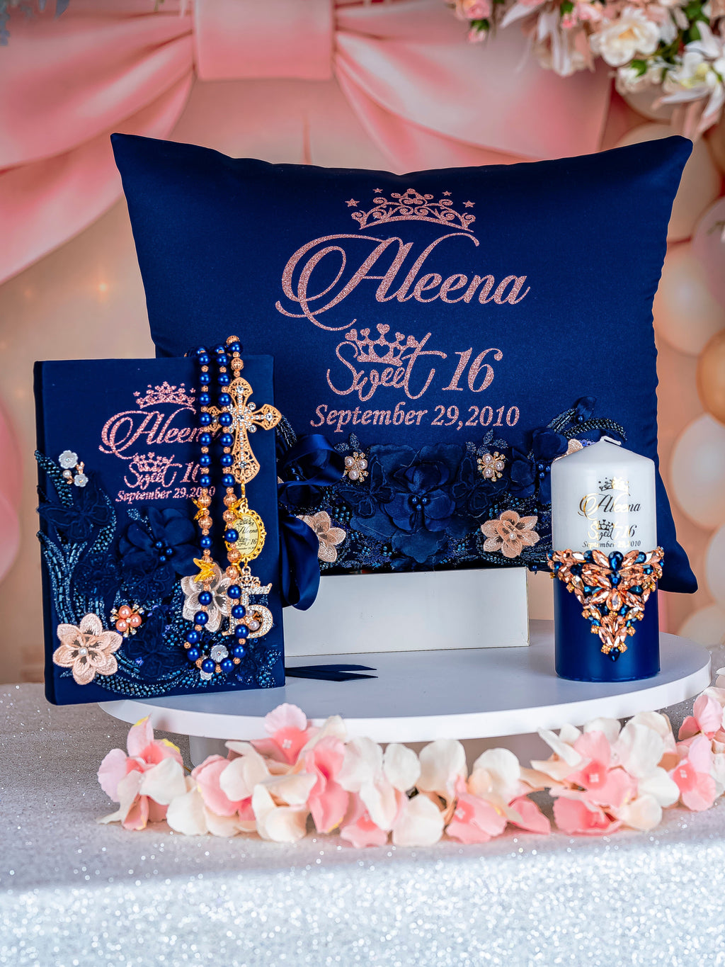 Navy Blue with Rose Gold Quinceañera Mass Package / quinceanera-decor