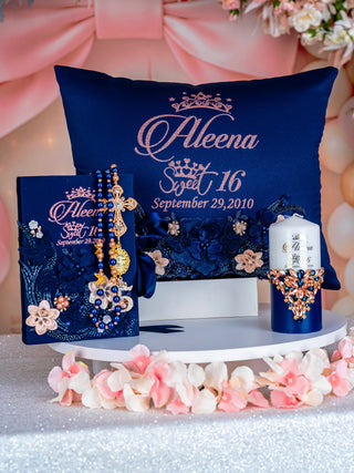 Navy Blue with Rose Gold Quinceanera theme Bible with Rosary (in english)