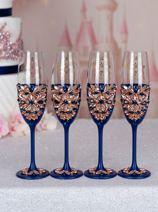 Navy blue with rose gold quinceanera package of bottle, glass and candle