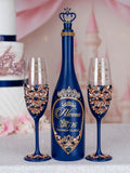 Navy Blue with Rose Gold quinceanera bottle with 2 glasses