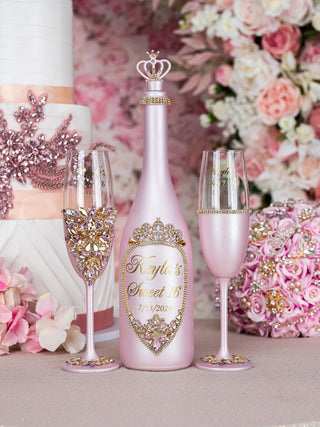 Pink with Gold 2 quinceanera champagne glasses (1 simple and 1 fancy)