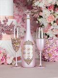 Pink with Gold quinceanera bottle with 2 glass (1 simple and 1 fancy)