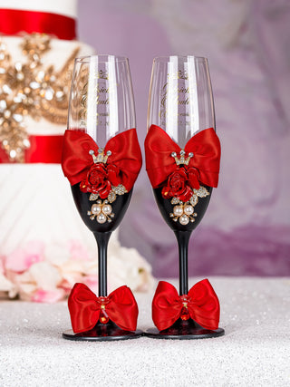 Black Red with Bow Quinceanera Bottle with 4 Glasses