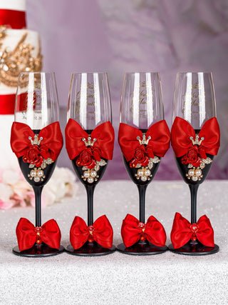 Black Red with Bow Quinceanera theme cake knife set with 1 glass