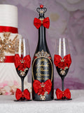 Black Red with Bow Quinceanera Bottle with 4 Glasses