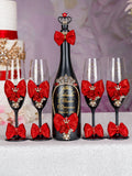 Black Red with Bow Quinceanera Cake Knife set with 2 Glasses