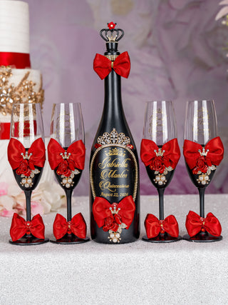 Black Red with Bow Quinceanera Cake Knife set with 2 Glasses