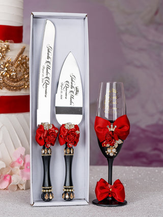 Black Red with Bow Quinceanera theme 2 champagne glasses
