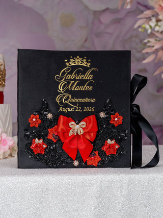 Black Red with Bow quinceanera bottle with 2 glasses