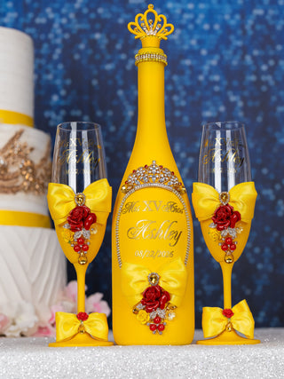Yellow Enchanted Rose 1 quinceanera champagne glass