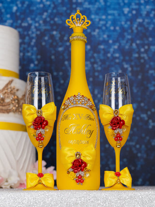 Yellow Enchanted Rose 1 quinceanera champagne glass