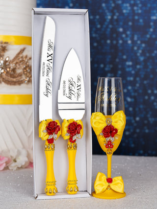 Yellow Enchanted Rose 1 quinceanera champagne glass