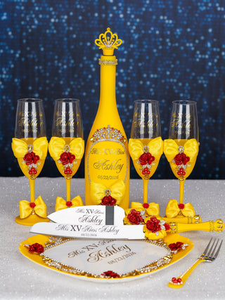 Yellow Enchanted Rose 1 quinceanera champagne glass
