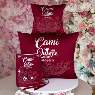Burgundy Quinceanera pillows set and bible