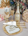 Gold quinceanera brindis package with bottle and candle