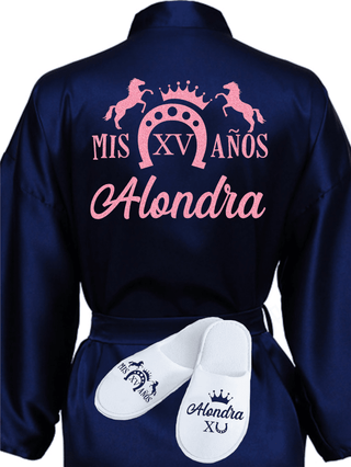 Quinceanera Navy Blue with Rose Gold robe with slippers