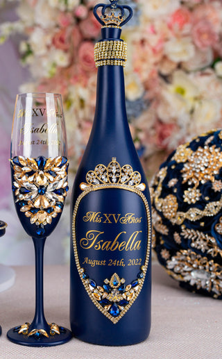 Navy blue with gold quinceanera bottle with 1 glass
