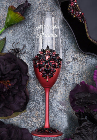 Burgundy Black Quinceanera cake knife set with 1 glass