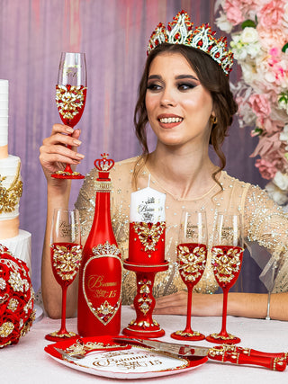 Red quinceanera brindis package with bottle and candle