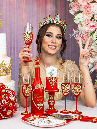 Red quinceanera brindis package with candle