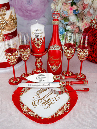 Red 2 quinceanera champagne glasses