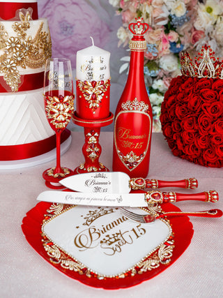 Red quinceanera brindis package with bottle and candle