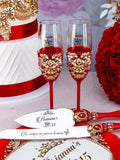 Red quinceanera cake knife set with 2 glasses