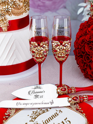 Red quinceanera cake knife set with 2 glasses