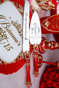 Red quinceanera cake knife and server