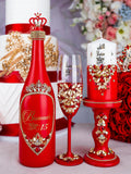 Red quinceanera package of bottle, glass and candle