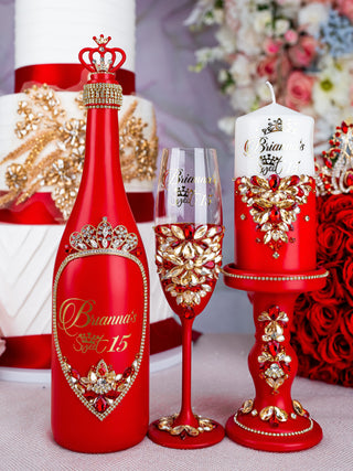 Red quinceanera package of bottle, glass and candle