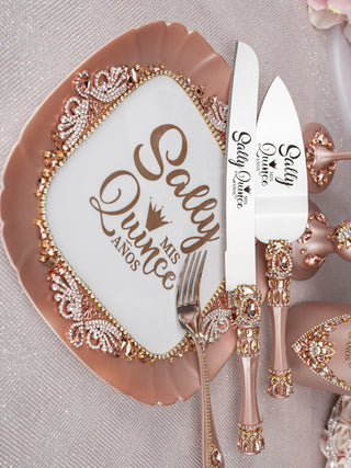 Rose Gold quinceanera cake knife set with plate and fork