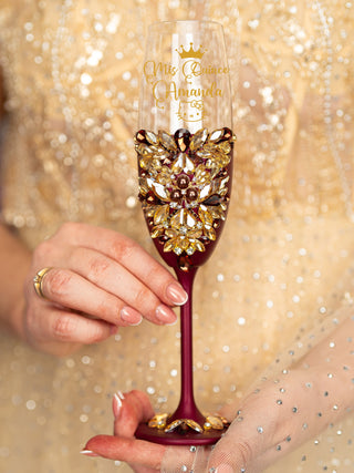 Burgundy Quinceanera 1 champagne glass Kitty design