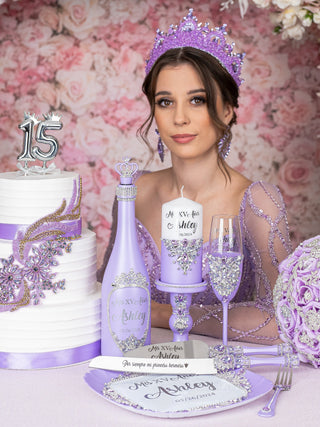 Lilac quinceanera brindis package with bottle and candle