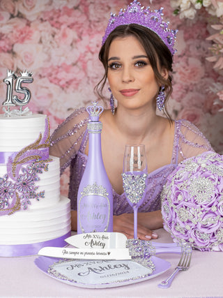 Lilac quinceanera brindis package with bottle