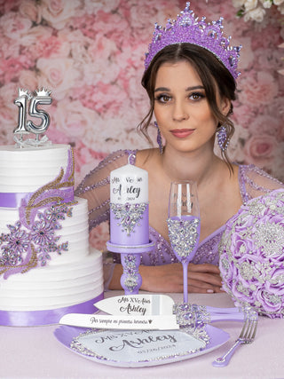 Lilac quinceanera brindis package with candle