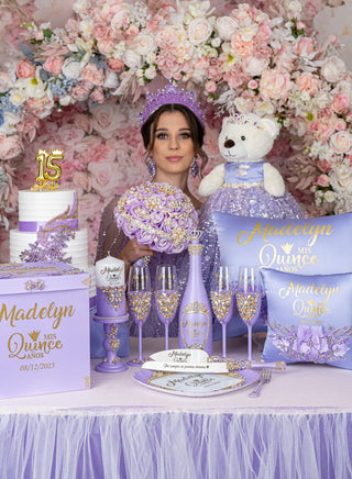 Lavender quinceanera cake knife set with 1 glass